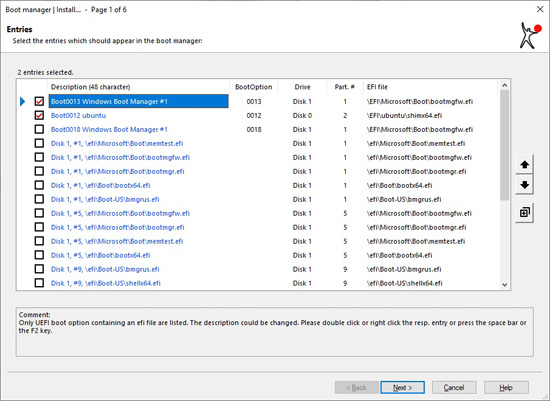 Entries in boot manager